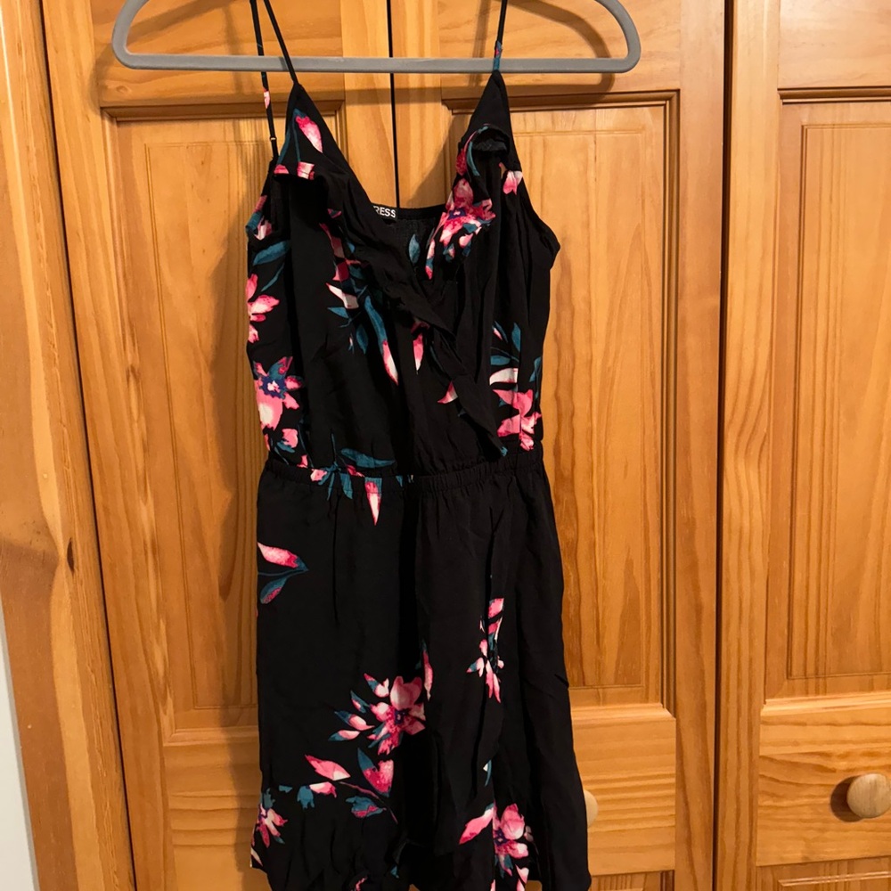 Express Black Dress with Pink and Blue Floral Design